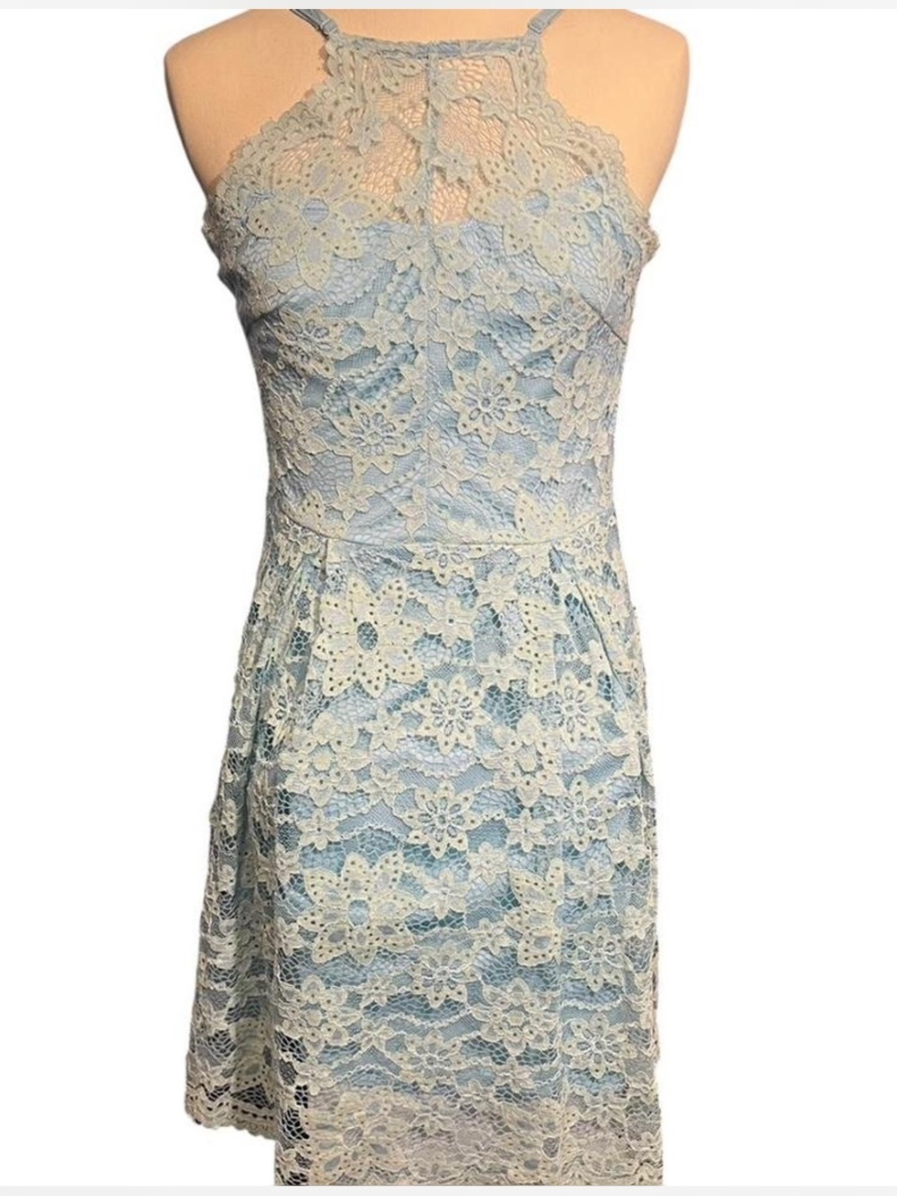 Francesca's Collections Light Blue and Cream Lace Halter Mini Dress